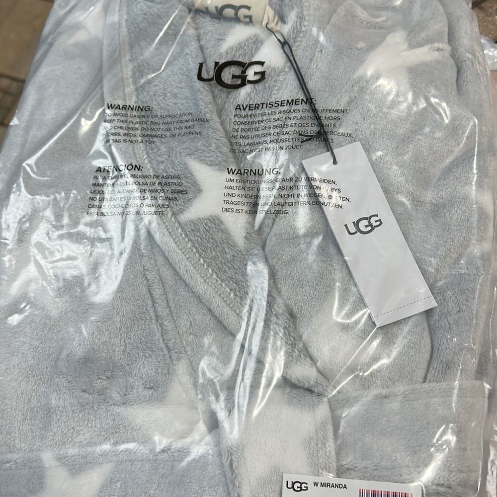Ugg Grey/White Stars Cozy Fleece Miranda Cozy Fleece Hoodie Belted Wrap Robe NWT - Picture 15 of 17